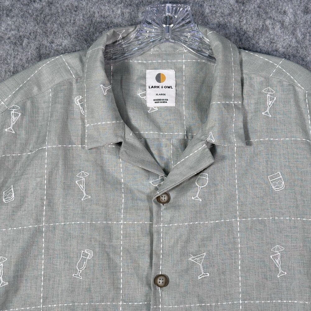 Lark & Owl Camp Shirt Mens XL Green Short Sleeve Drinks Motif Embroidered
